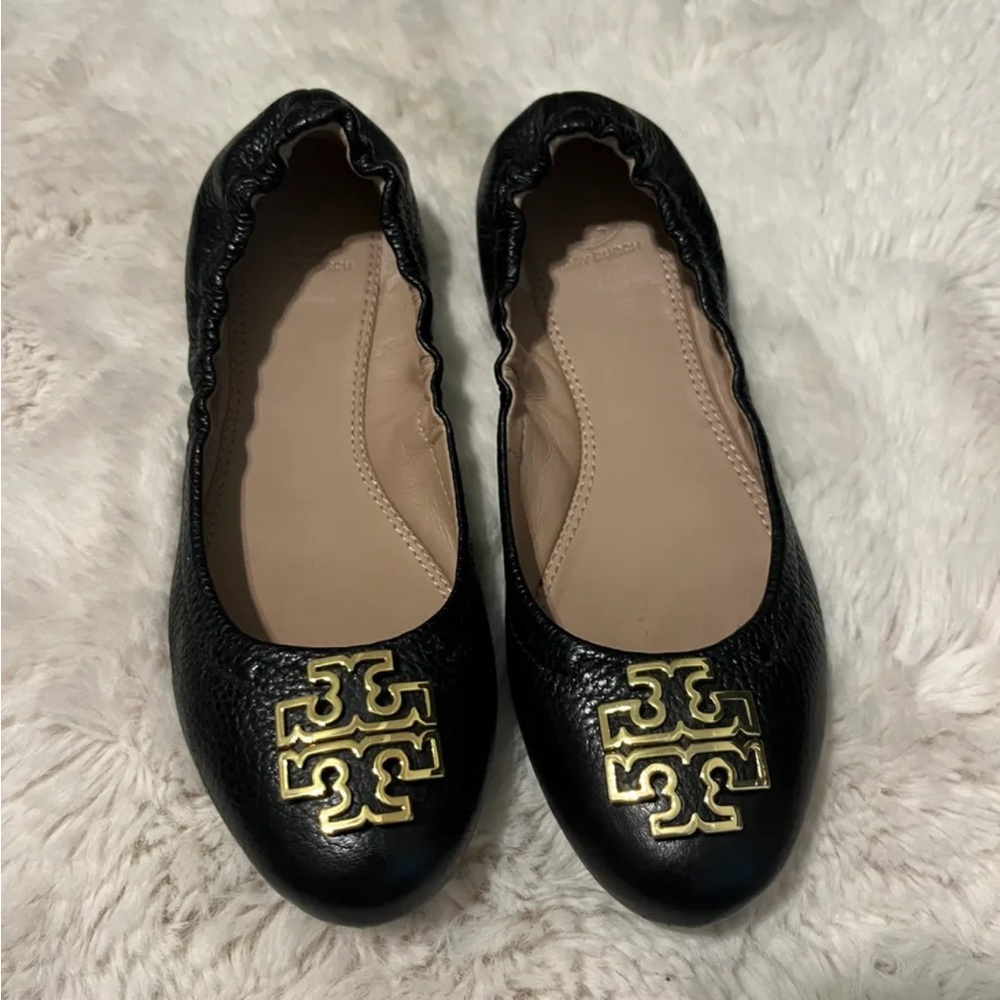 Tory Burch Black and Gold Melinda Flats